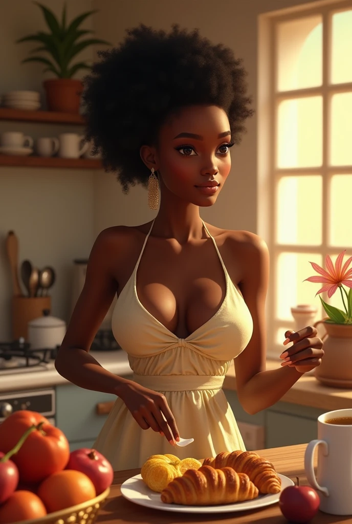 (((Masterpiece, hiquality, absurdress), 1Woman, black hair, curly hair, Afro-curly hair, Green eyes, a perfect face, the perfect body, big breastes, sports body, short stature, (((very dark skin))), 独奏, Detailed eyes and face, makeup, red-lips, apron, Cook costume, Pour the chocolate and candy into the ramekins, chocolate & Candy Making, kitchen, a table, slab, Chocolates and candies on the table