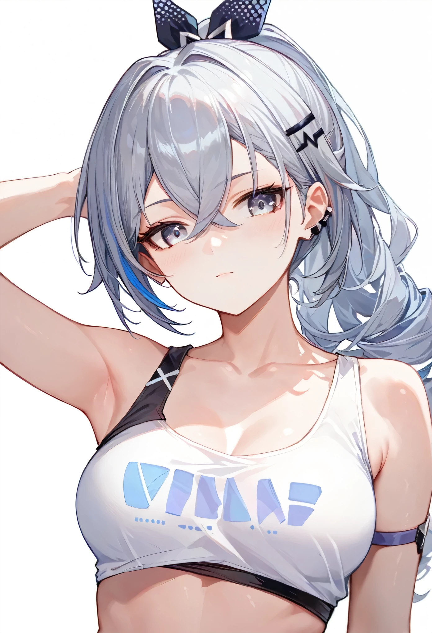 score_9, score_8_up, score_7_up,source_anime, high res image,masterpiece,best quality,girl,cute face,clear skin,simple_background,silver_wolf_honkai,armpit,busty,