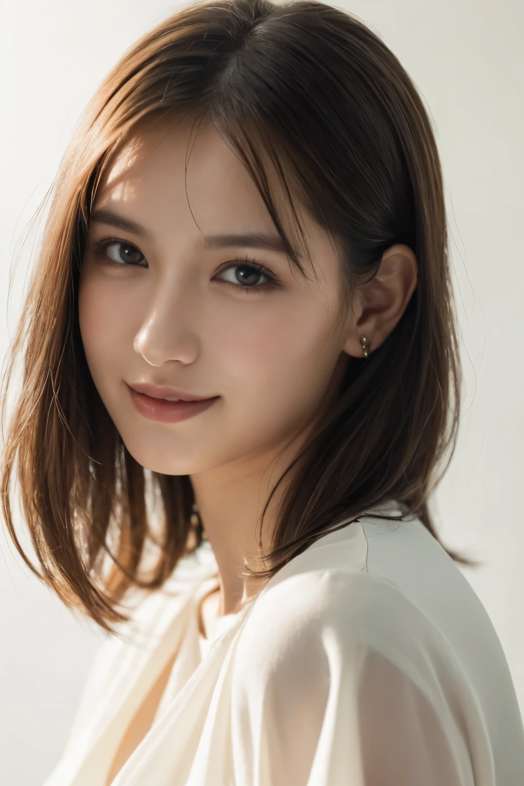 One Girl, (White blouse:1.2), (Beautiful Japanese idol portrait photos),
(Simple background in light colors:1.3),
(RAW Photos, Highest quality), (Realistic, photo-Realistic:1.4), masterpiece, 8K Portrait,
Very delicate and beautiful, Very detailed, 2k wallpaper, wonderful, In detail, Very detailed CG unity 8k wallpaper, 
Very detailed, High resolution, 
Soft Light, Beautiful detailed girl, Very detailed eyes and face, Beautiful and sophisticated nose, Beautiful attention to detail,
Cinema Lighting, Perfect Anatomy, 
Slender body, Small breasts, Medium Hair, Bokeh, Dynamic Angle, (Elegant and sophisticated atmosphere), (smile:0.8)