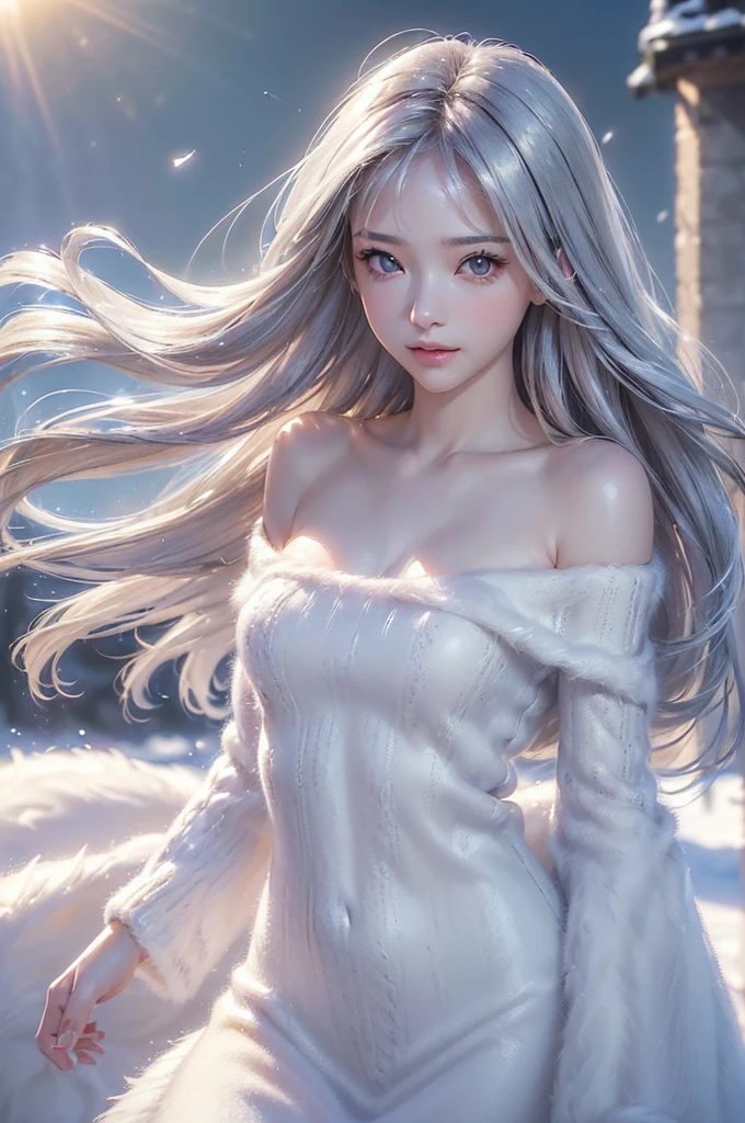 ((masterpiece:1.5、8k、Portraiture、Photorealistic and very detailed CG、Very detailed、Particle Effects、Dynamic Effects、Shallow depth of field、Cinematic Light、Lens flare、Ray Tracing、Tabletop、Realistic:1.4、Ultra-high resolution:1.2、Realistic、Realistic))((1girl, off shoulder knit sweater、add fur coat, Elegant woman posing、Detailed face、brightexpression、young, bright, Whiter skin、Ample breasts、Best Looks、Ultimate beauty、Shiny silver hair with highlights、bright and shiny hair,、Super long, Silky straight hair、Hair dancing in the wind))(morning、The setting is outdoors in the snow、Surrounded by illuminations)
