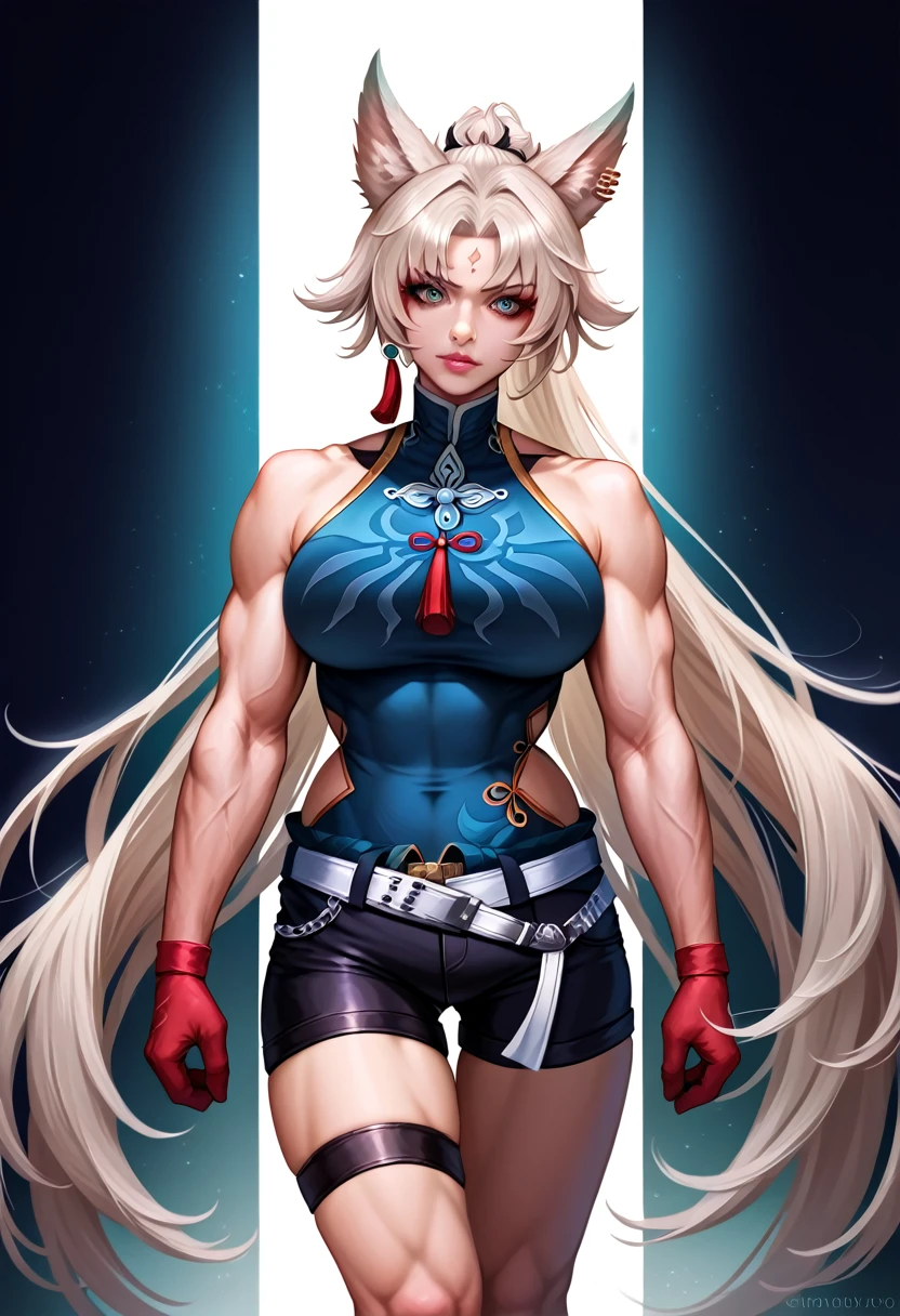 a beautiful anime girl, detailed face, blonde hair, blueSolo,1woman,view from front,  SH_HSR_Feixiao,25 yo extremely muscular woman, flawless perfectly trained body, zero body fat, mighty and hypermuscular professional female bodybuilder, dominant woman, great muscle definition,  FeiDefault, animal ears, long hair, ponytail, multicolored hair, white hair, red eyeliner, ringed eyes, forehead mark, ear piercing, tassel hair ornament, tassel earring, sleeveless shirt, print shirt, brooch, blue shirt, chinese clothes, high collar, bare arms, red gloves, fingerless gloves, white belt, waist cape, black shorts, thigh strap, knee boots eyes, long flowing hair, white background, realistic full body portrait, extremely detailed, high quality, cinematic lighting, photorealistic, hyper detailed, detailed facial features, detailed eyes, oversize t-shirt,shorts, detailed lips, detailed nose, long eyelashes, flawless skin, large breasts, delicate features, elegant pose, dramatic lighting, vibrant colors, intricate details, masterpiece, (best quality,4k,8k,highres,masterpiece:1.2),ultra-detailed,(realistic,photorealistic,photo-realistic:1.37)