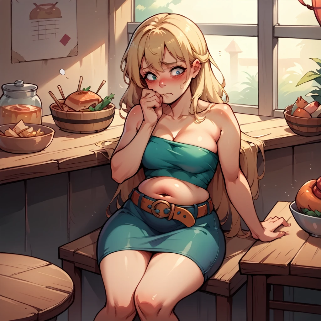 One woman with no legs, all belly, shy emotions, bloated torso, stringy blonde hair, sitting at a table, eated food in foreground, wearing a tube top and skirt, original style, in the style of ((belt popping))