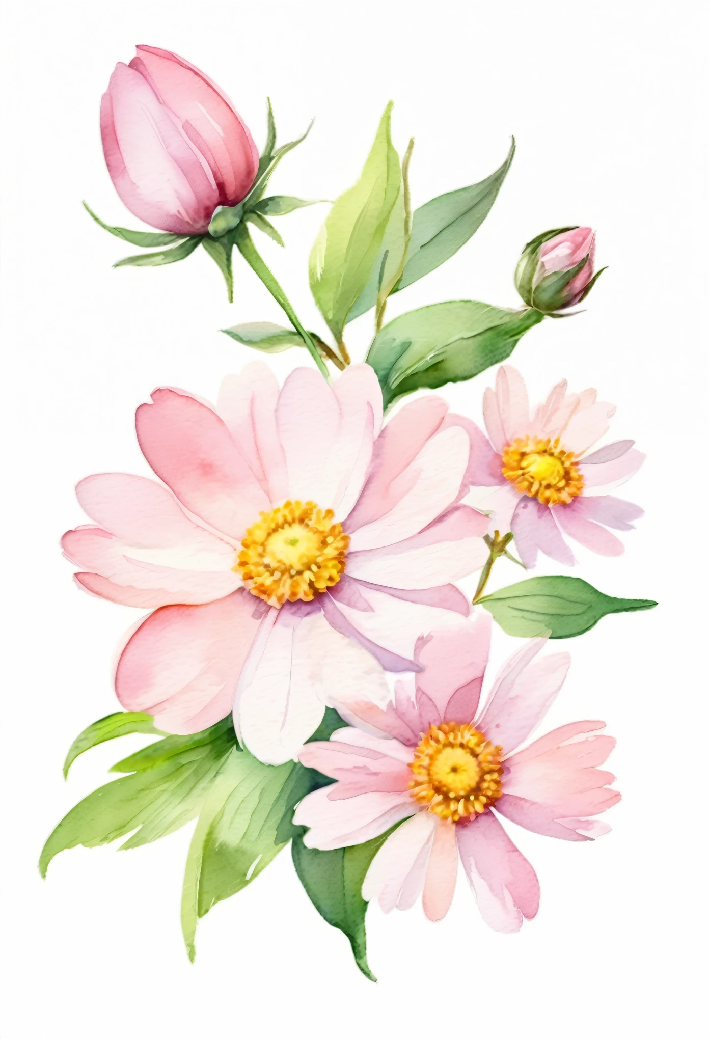 watercolor illustration of spring pink camomille flower, isolated white background, vintage oil paint style