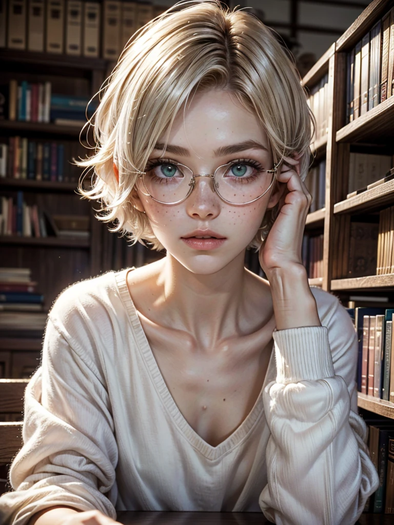 1girl, elegant bearing, small, slender build, short height, narrow shoulders, pale skin dotted by freckles, short platinum blonde hair, (((pixie cut hairstyle))), (((boyish hair))), (dark green eyes), silver glasses, cute facial features with an underlying elegance, thin lips, small breasts, youthful teen girl, RAW photo, ((slim body: 1)), (HQ skin: 1.4), 8k uhd, soft light, high quality, ((school uniform, white clothes, gold accents, (looking at viewer:1.4), library
