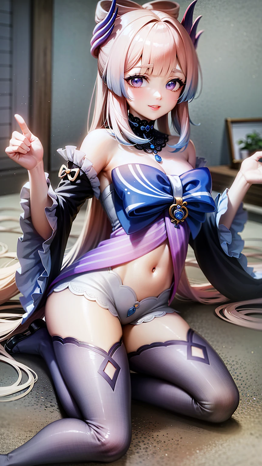 masterpiece, Highest quality, Highly detailed CG Unity 8k wallpaper, (Closeup shot of the upper body head of a beautiful girl),Tifa , Elegant long straight blonde hair, (Mckenna Grace), (Flat Chest,Thighs), (pink yellow) ,Black Hair、 (Sparkly tutu,long rabbit ears headgear, bow tie), (Spread your legs), (blush), Oilskin, (Captivating smile), (Wonderland), Pretty face, Key Art, Awards, intricate detail realism hdr, by (Luan Jia, Altgerm and Range Murata), Photorealism, Hyperrealism, Ultra-realistic, Dramatic Light, Strong Shadows, Nice views, Depth of written boundary,A clear crotch bite、Well defined nipples、Nipples are visible、Ultra High Leg Panties