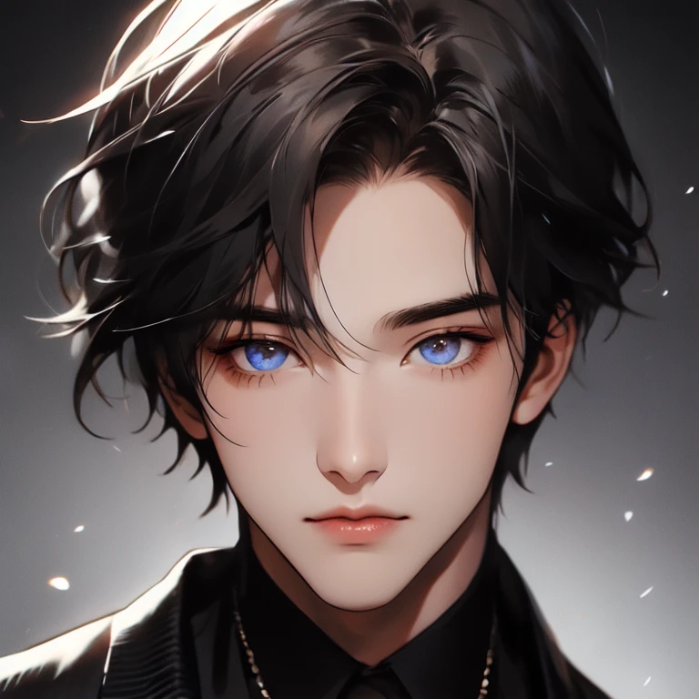 Detailed eyes,Detailed black hair,Detailed backgrounds,Black effect,Handsome man drawn in detail,young,a cool,short-haired,