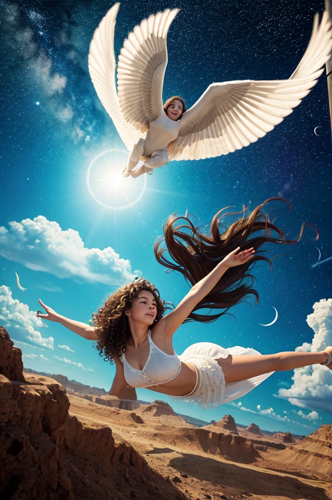 teenage girls flying together in the sky