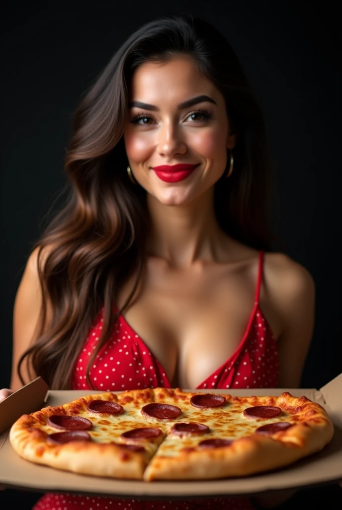 (photorealism:1.2), beautiful woman, eating pizza, wearing black loose off-shoulder top, red bra, natural big breasts, naughty smile on face, red pajama pants, long curly hair, indoors, soft lighting, room surroundings, window with sunlight, cozy room, relaxed pose, realistic, intricate details, warm colors, by Greg Rutkowski, by Alphonse Mucha
