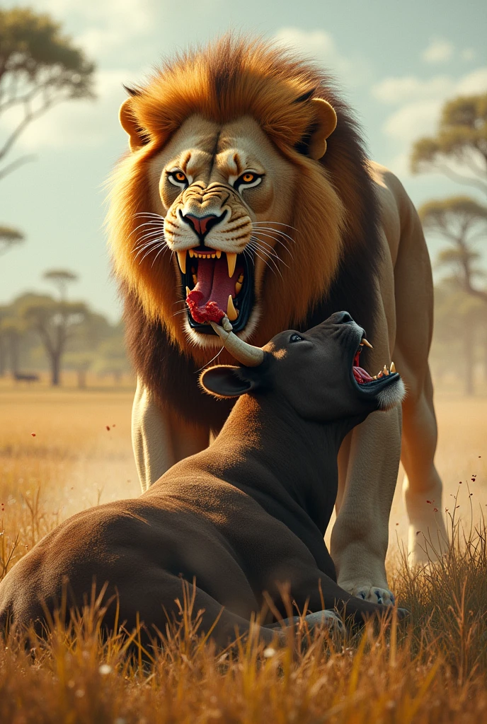 A lion stands triumphantly on the lifeless body of a bull, roaring fiercely. The scene is set against a rugged, stony spring field, with the lion's powerful presence dominating the desolate landscape.