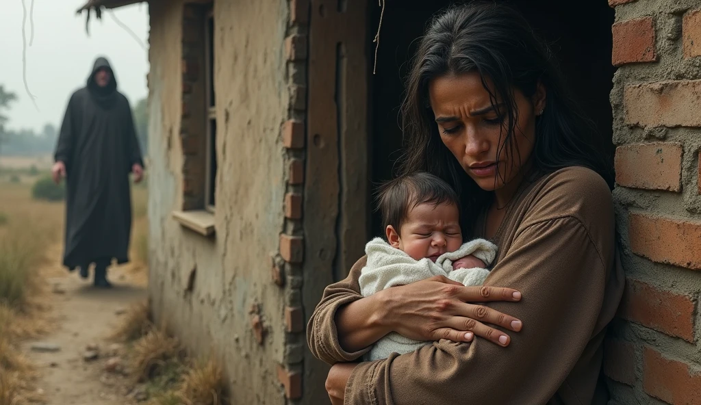 A child crying, with a parent trying to comfort them, in a poor and dirty environment.