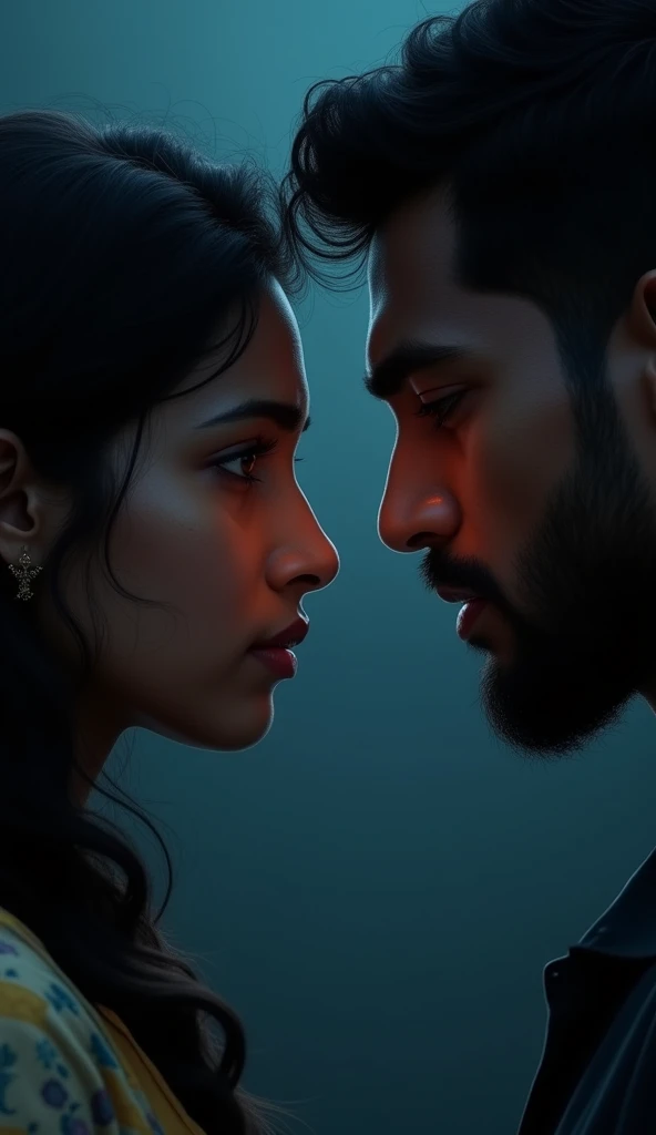 Two Masculer beard male students,wearing school Uniform wite taqyha hat ,Huges there Hot Slim feamle teacher from back and front side,wearing blue sari,golden colour neckless,and feeling shy,inside biological laboratory,night blue lighting
