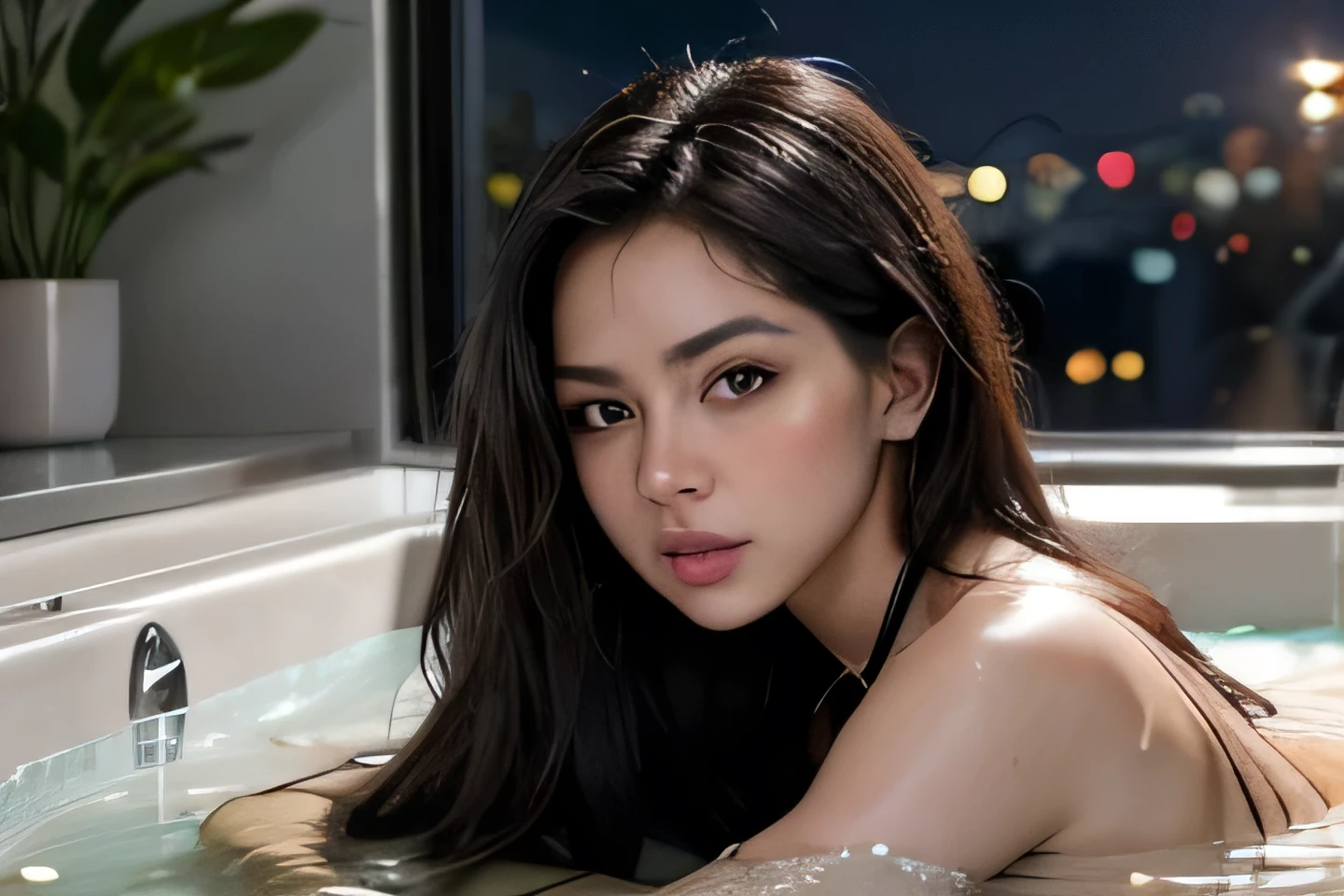 "Masterpiece, top-tier quality, hyper-realistic portrait showcasing the captivating beauty of an Indian naked girl showing nude body . Vibrant red lipstick complements her stunning features. She is in a bathtub adorned with roses, exuding an atmosphere of tranquility. The girl is gracefully seated, with her lower body immersed in the shimmering water."