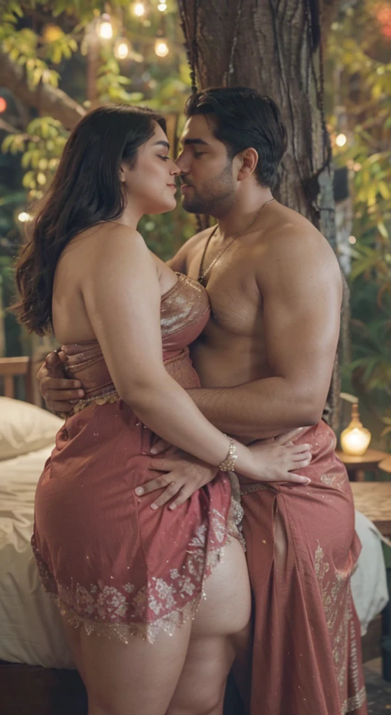 A radiant, full-figured South Indian 25 year old girl wearing a black saree tenderly hugging and kissing a jubilant 35-year-old man while laying on bed, captured in a full-body image with vibrant hues and meticulous details. Full body image