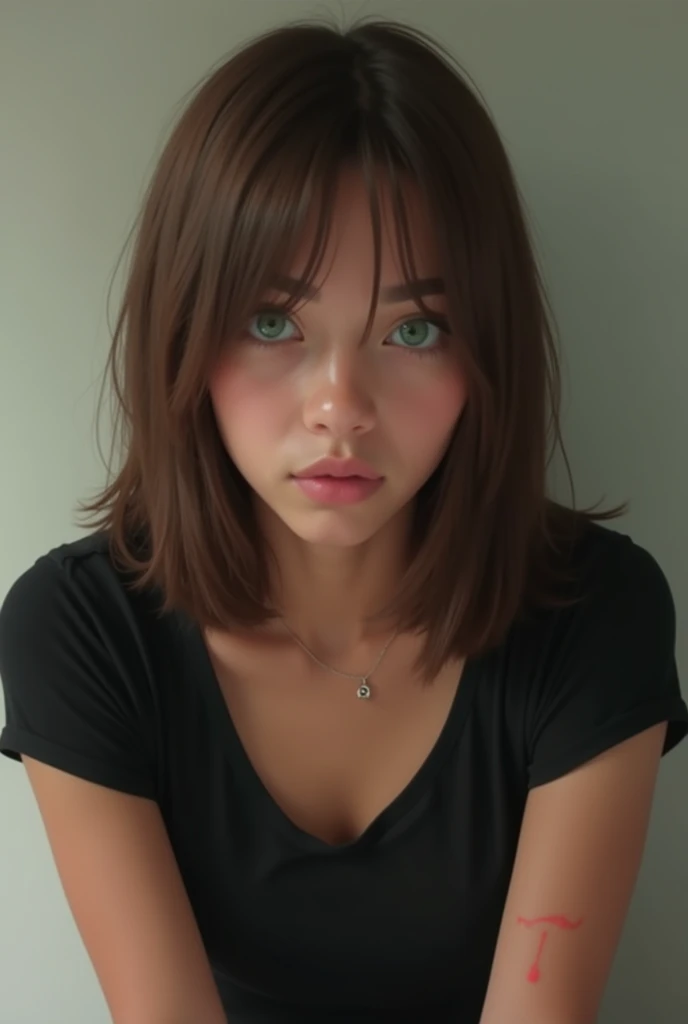 Girl with green eyes and brown hair has medium breasts, pecas y lleva una sudadera con capucha negra.