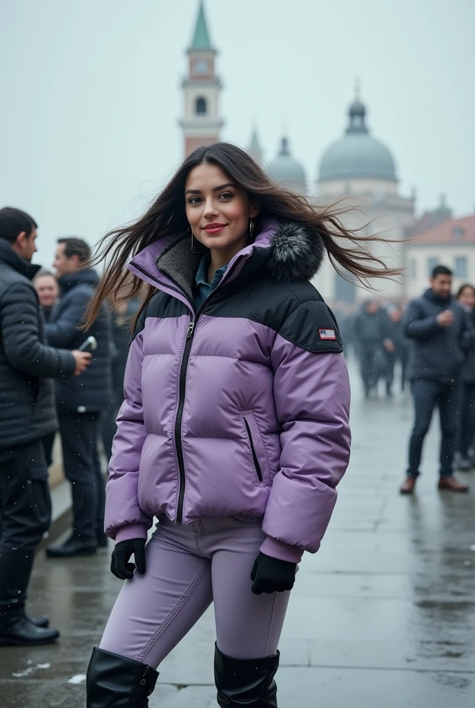 Create a realistic full-length photograph of a European woman of Russian origin, brunette, 4, with long wavy black hair moving in the air, ((body with hourglass curves)), semicircular and sagging breasts, beautiful angelic face , made up, dressed in lilac jeans and with high black leather boots that reach the middle of her thighs, a very thick down jacket for the snow and rain that is falling at that moment in lilac and black, lilac leather gloves on your hands against the cold. and a lot of fog with snowflakes on the Bridge of Sighs in Venice, she poses for the photographer and smiles affectionately, the tourists smile at her side and greet her with joy, in the background you can see the buildings of the Paza, better photography, More Reasonable Details