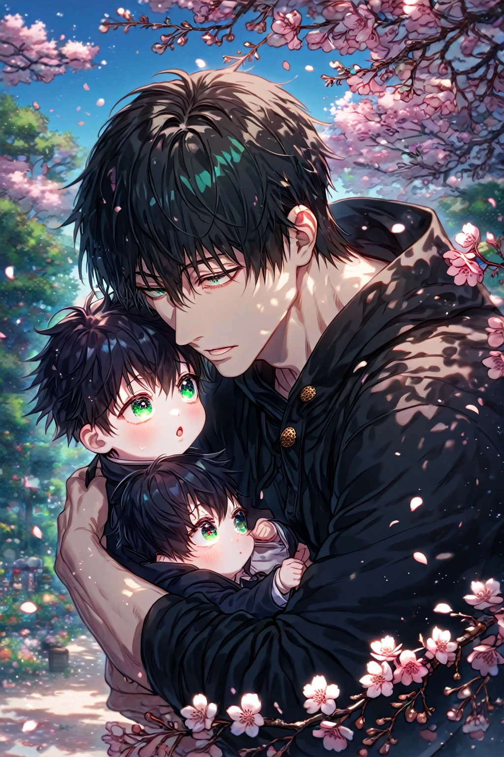 absurdres, highres, ultra detailed, HDR, master piece, best quality, Fushiguro Touji carrying baby Megumi, black straight hair, expressive green eyes, Jujutsu Kaisen, man and baby, handsome, black leather coat, black tight shirt, blue butterflies, blue petals, blue flowers, magical, fantasy, blue background