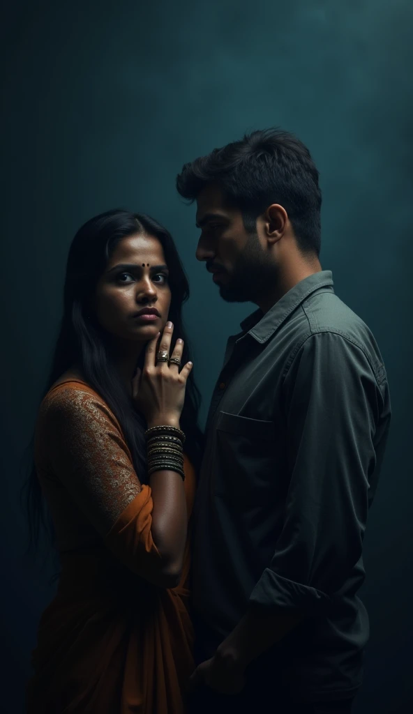 raw photography with realistic face in An 18-year-old South Asian girl stares at a 20-year-old boy in surprise, full body, gonden hours, a lost city, si-fi envernmet
