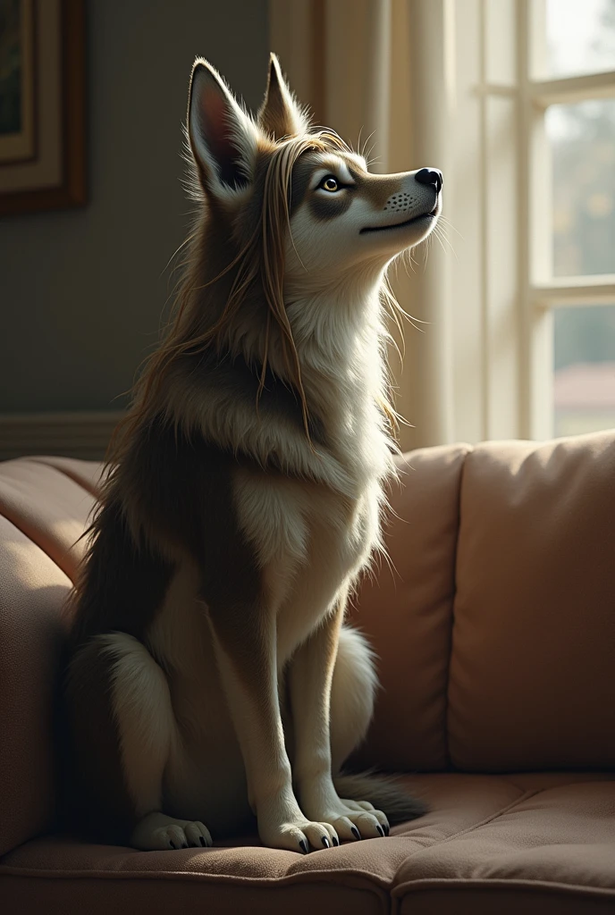 Dog Feral, perfect lighting, realistic body postures, fully body, full tail, realistic long fluffy tail, detailed fur, perfect shadows, 1girl, solo, looking away from viewer, detailed face, ((realistic proportions, feral proportions, animal proportions)), relaxed, (anatomically correct canine pussy), butt towards viewer, rear view, cum leaking from canine pussy, laying on side, Tail raised, long tail, Husky,