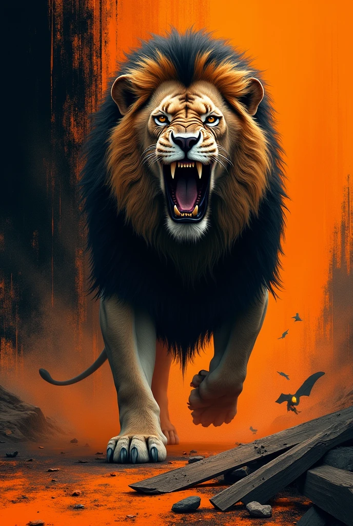 Angry lion with black and orange background 