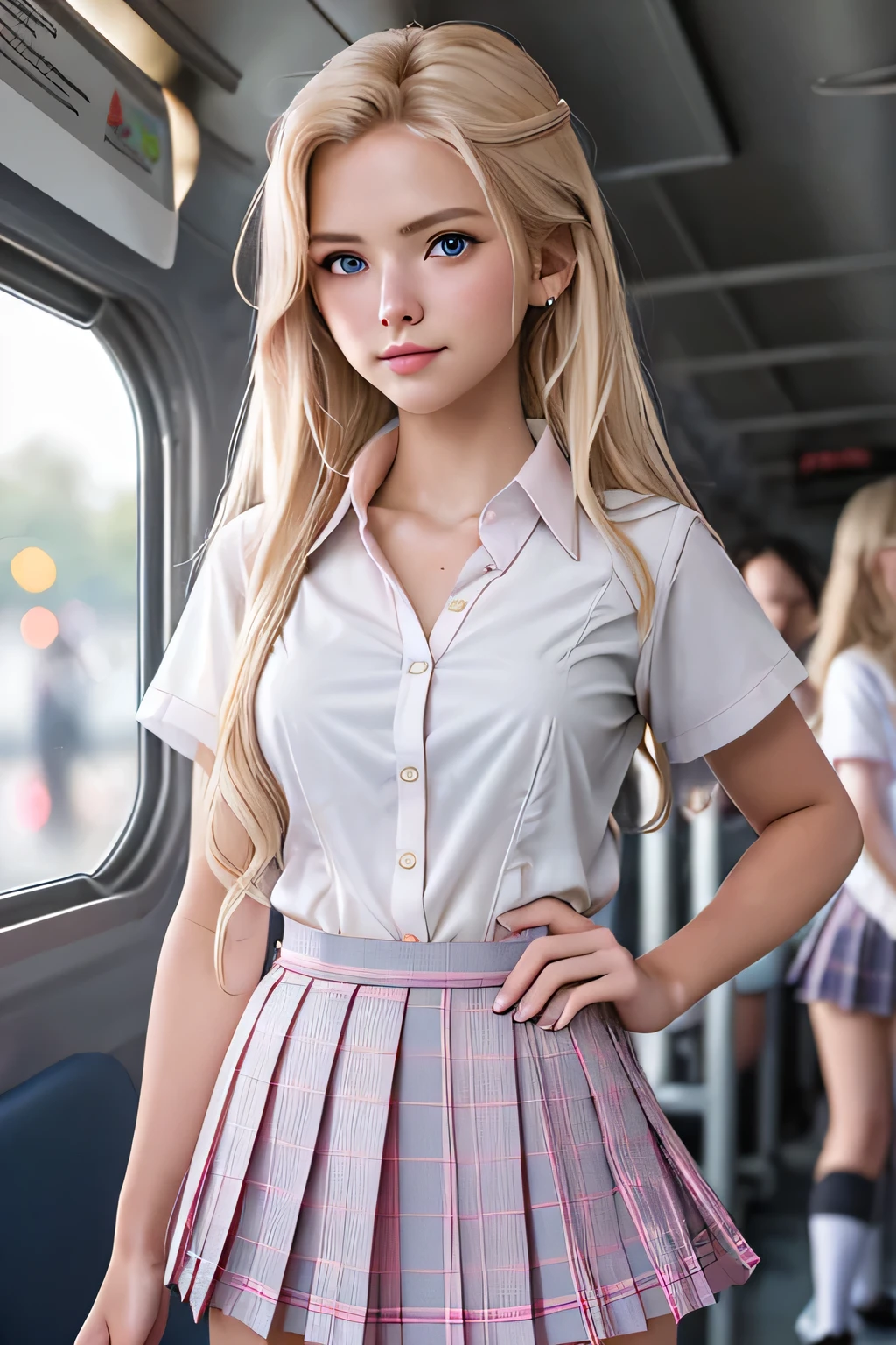 Beautiful 9 year old Russian girl, long blonde hair, blue eyes, tiny plaid blue skirt, nice legs, being abused by several adult men on the bus