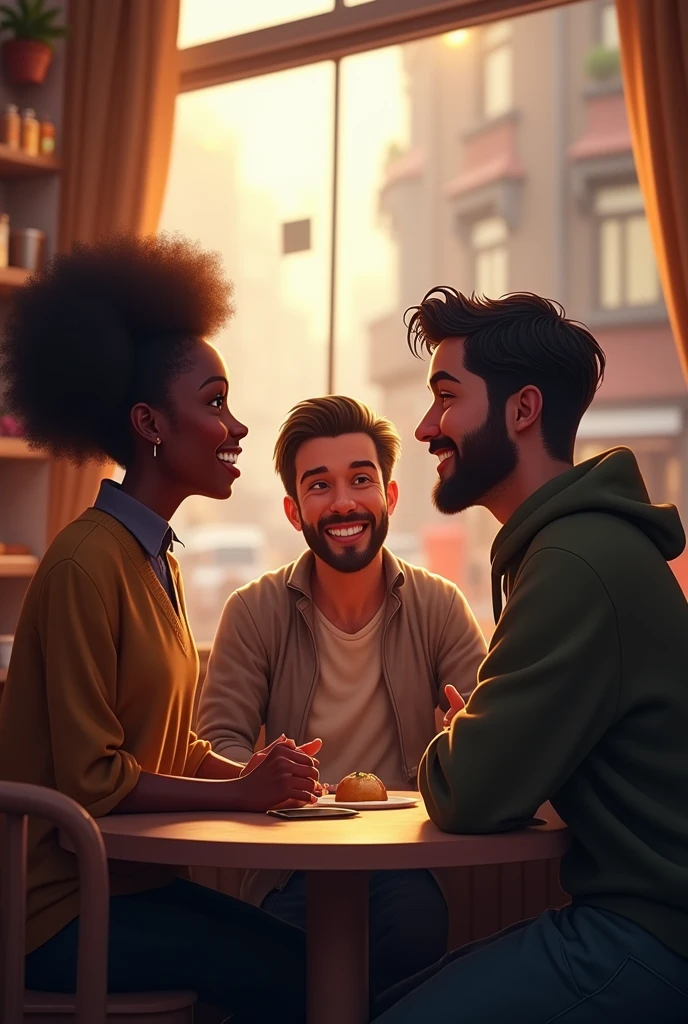 An illustration of an adorable couple, Highlight for a chubby mulatto man with glasses smiling and a brunette woman with beautiful expressive eyes - the man's skin is mulatto and the man's hair haswhile the woman's skin is black and the woman's hair is straight and brown. They are a bright room, cada um com um sorriso no rosto, e compartilhar um momento especial caracterizado pelo amor, Insights. Illustrate this scene from a perspective where they are facing the camera, Smiling and Showing Your Connection. Desenvolva esta arte em Full HD, Focus on your cinematic touch, Estilo Disney Pixar Animations