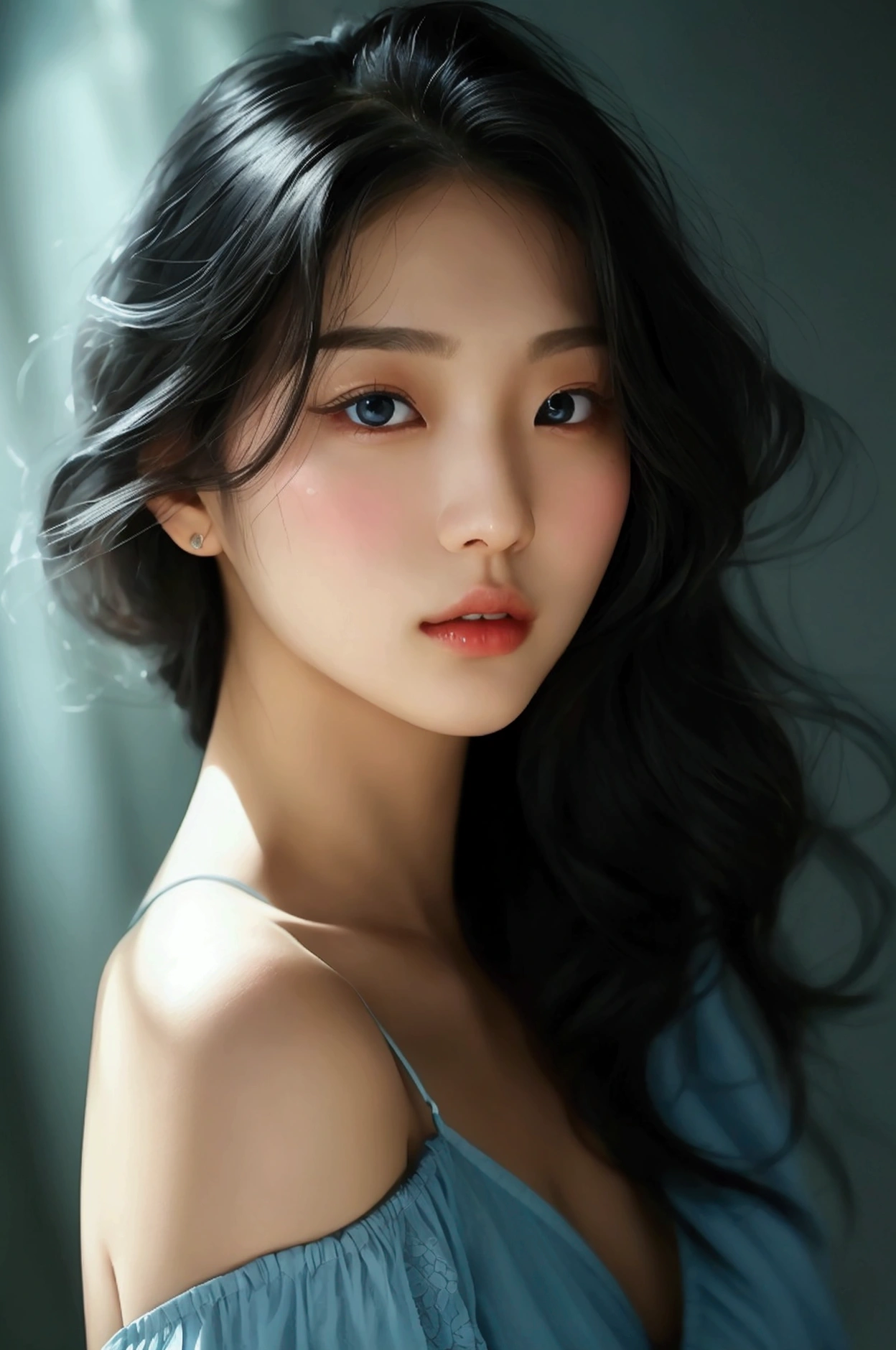 film portrait photography, 1girl, bare shoulders, wavy shoulder-length hair, serene, calm, (realistic detailed eyes, natural skin texture, realistic face details), soft dramatic lighting, depth of field, bokeh, vibrant details, finely detailed, hyperrealistic, 35mm film, hazy blur, filmg,