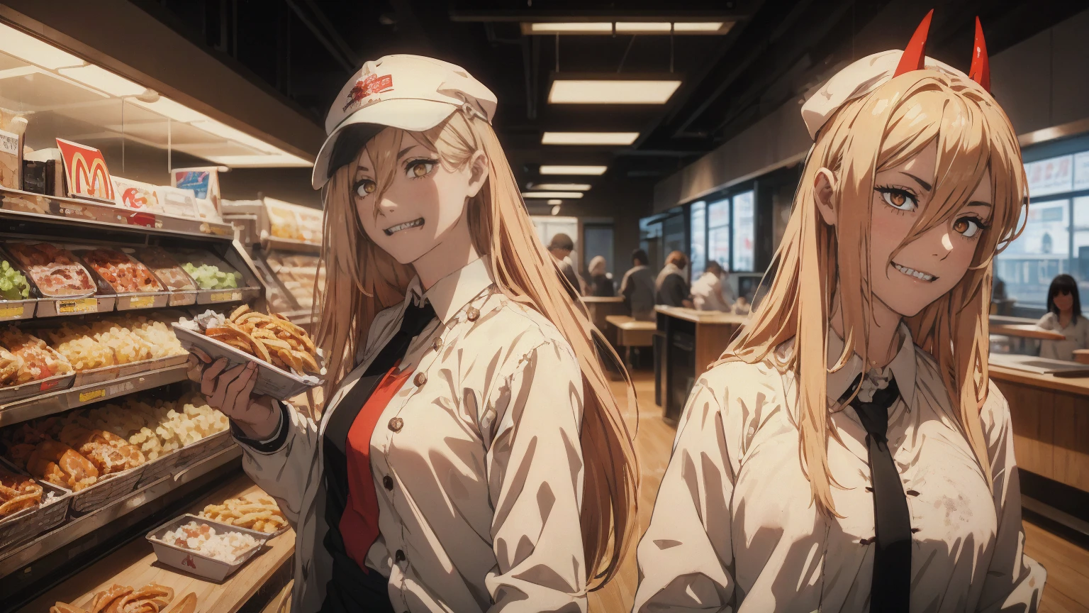 A girl is standing behind the counter at a McDonald's, facing forward, dressed as a cashier and holding a tray with a meal. She is wearing a typical fast food uniform cap. Behind her, the utensils are neatly arranged, with shelves displaying cups, fry boxes, and other fast food items. The scene is drawn in a scribbled anime style, with rough but expressive lines, giving a dynamic and sketchy feel to the clean and organized fast food environment. The hands are meticulously detailed, ensuring they are well-drawn and proportionate. Masterpiece, (Sharp teeth: 1.1), (Ultra-detailed background, delicate patterns, intricate details, highly detailed, finely detailed), best quality, strength, 1 girl, banya, alone, sharp teeth, mischievous smile, long white hair, yellow eyes, blonde hair, small chest, red horn, jacket, (complex detailed background), (pupils in the shape of crosses, symbolic pupils).