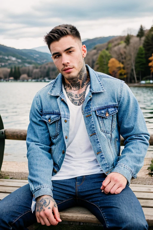 hyperrealistic, (masterpiece), high details, ultra-realistic, (a slim french man), shaved, legs apart, chav, naked, huge penis, octan light, 32k, close, blurry background, Paris balcony, tattoo
