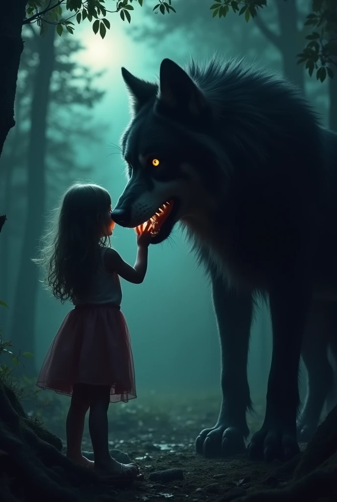 1 loup noir aux yeux noirs face a une jeune fille blonde aux yeux verts , mince. A l arriere plan la pleine lune