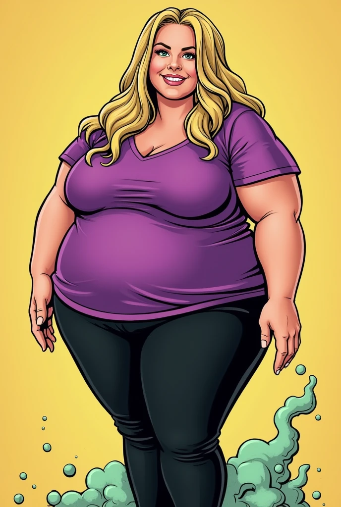 Beautiful blonde morbidly obese woman with a t-shirt and jeans farting into a jar, comic book artstyle