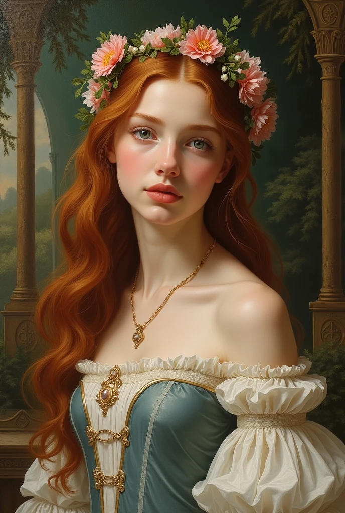 painting of a naked pale skin muscular teenaged redhead girl with huge breasts in a classical setting, featuring intricate details in her delicate facial features, graceful posture, and soft flowing hair, surrounded by lush greenery and soft dappled light, in the style of William-Adolphe Bouguereau, capturing the essence of beauty and realism