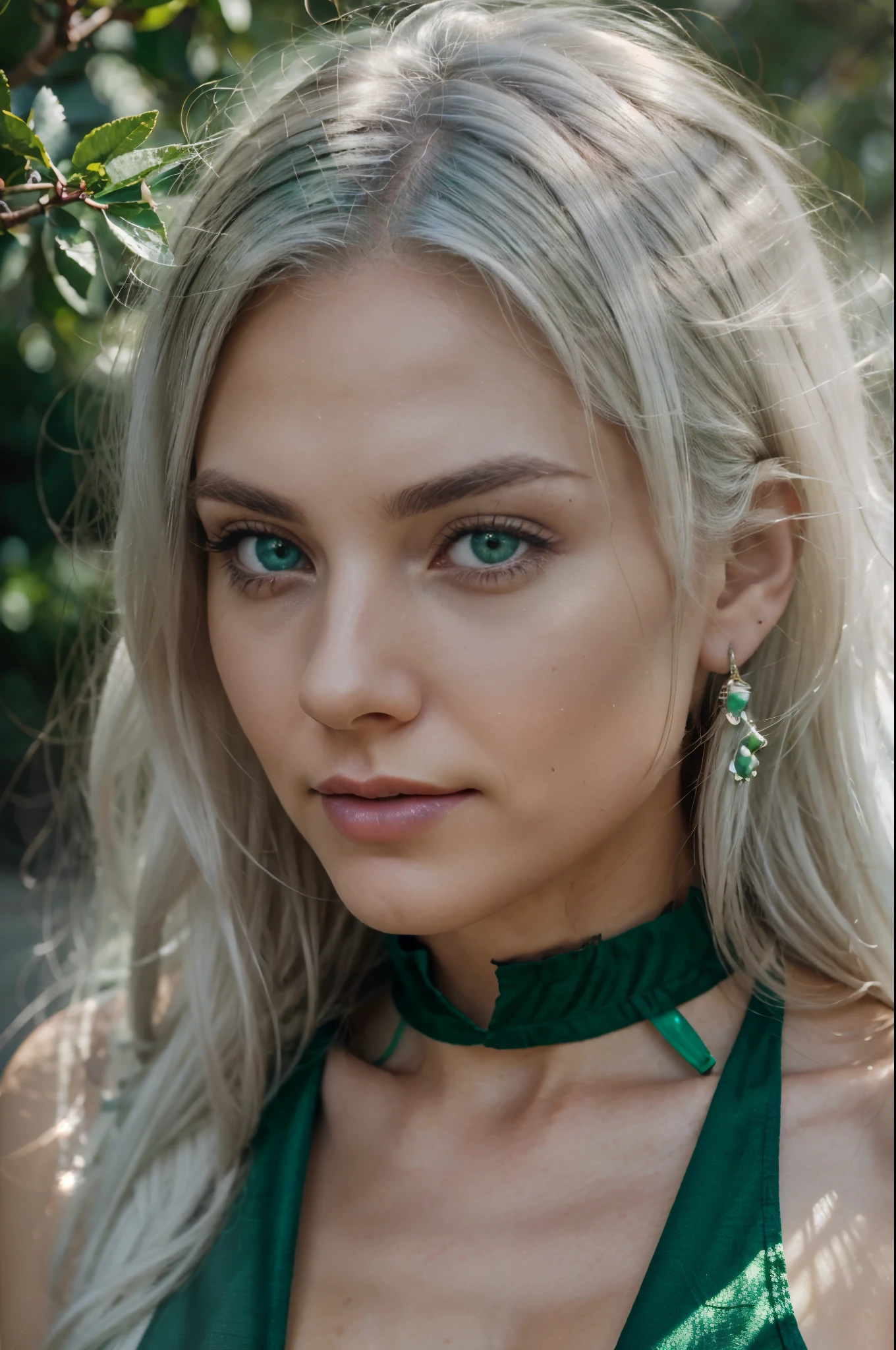 Camera focus on the emerald-green eyes of a beautiful woman, white hair, natural lighting, ultra-realistic, ful hd