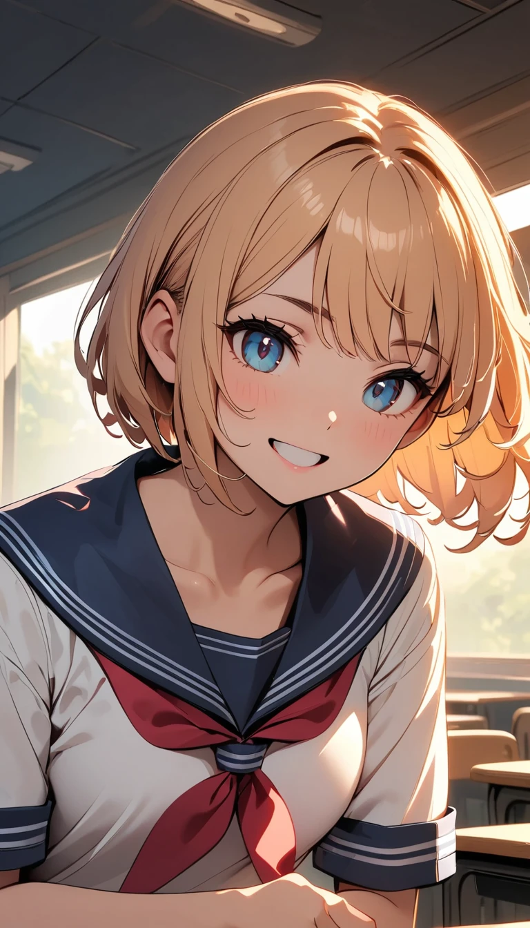 masterpiece, absurdres, best quality, ultra detailed, high Resolution, detailed illustration, bright colour, (extremely beautiful detailed face and eyes, Delicate beautiful face, 1 girl, cute face:1.3), (magenta eyes:1.1), sparkling eyes, big eyes, medium breasts, (perky breasts:1.1), (pointy breasts:1.1), medium hips, glamorous body, white skin, BREAK, long bob cut, (blonde hair:0.8), messy hair, detailed hair, shiny hair, BREAK (Sailor suit and machine gun, brassiere:1.3), perfect lighting, (embarrassed:1.3), (ecstasy, vulgarity:1.5), (trembling:0.8), classroom,