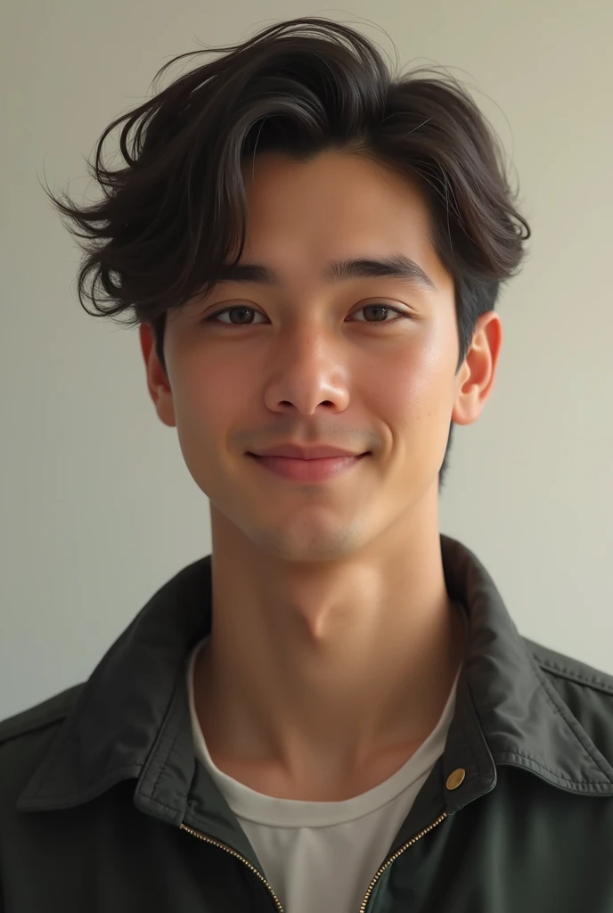 Highest quality, masterpiece, Ultra-high resolution, (Realistic: 1.4), Original photo, wallpaper, Head Photo, skin, Simple Background, Iris, detailed, Selfie, 1 boy, 18-year-old, good looking, Wind,Asahi、smile