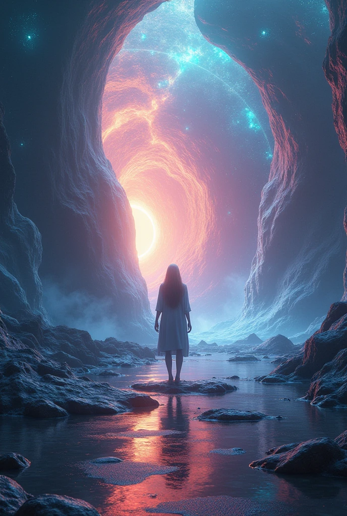 A naked woman stepping out of a portal