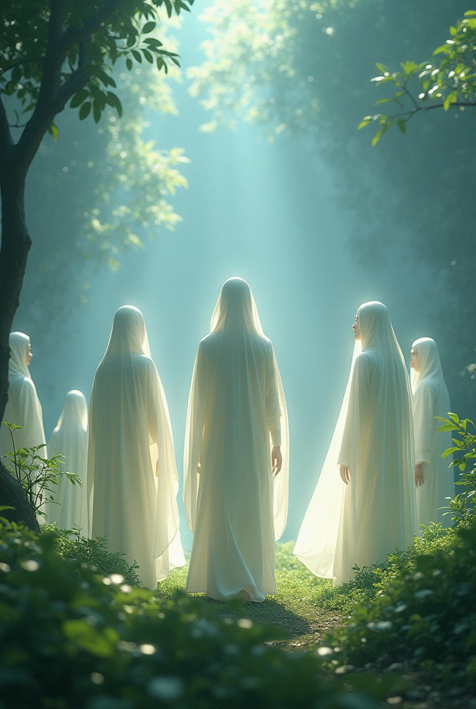 Mysterious figures in pastel pink and orange robes with white masks standing in a circle, performing a ritual in a dark forest. Retro colors, toy-like design, and a surreal, dreamlike setting.