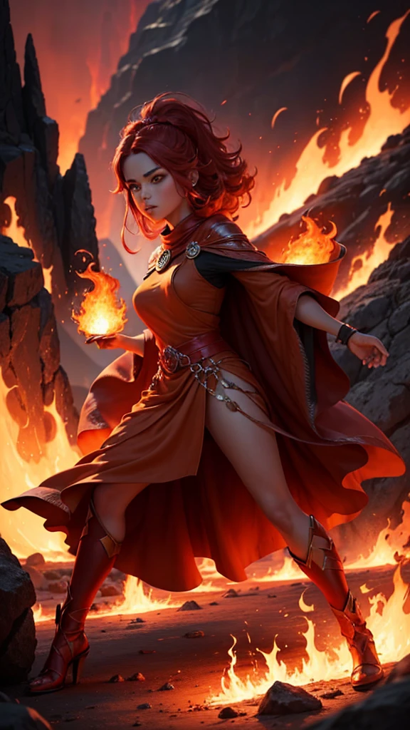 girl,, european, dark red hair, fire mage, magical dress and cloack, fire magic, manipulates flames,dominant pose,topless, exposed breasts, naked breasts, small breasts,vibrant appearance, creative behavior, imaginative, sensual, spontaneous, highest quality, skin texture, intricate details, (cinematic lighting), RAW photo, 8k