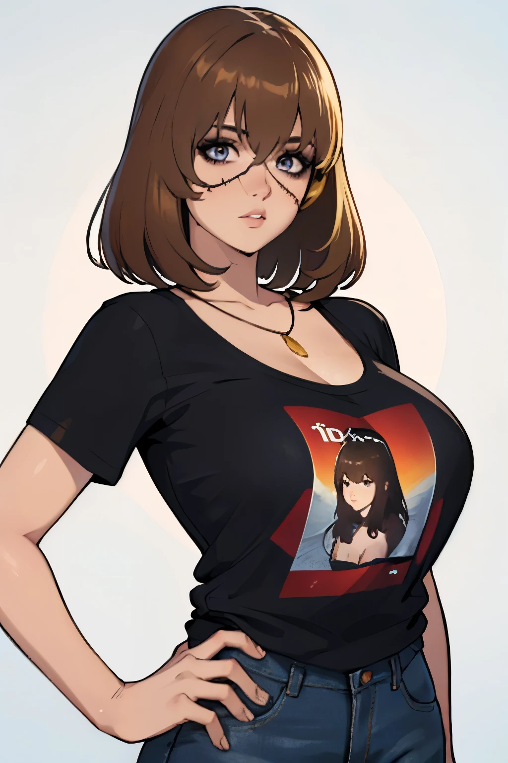 t - shirt, above all, (photorrealistic), (best qualityer), 8k, CRU photo, (Masterpiece artwork), 1 girl, skin detailed, looking ahead at viewer, eyes browns, (medium hair), (bangss), (breasts big), neckleace