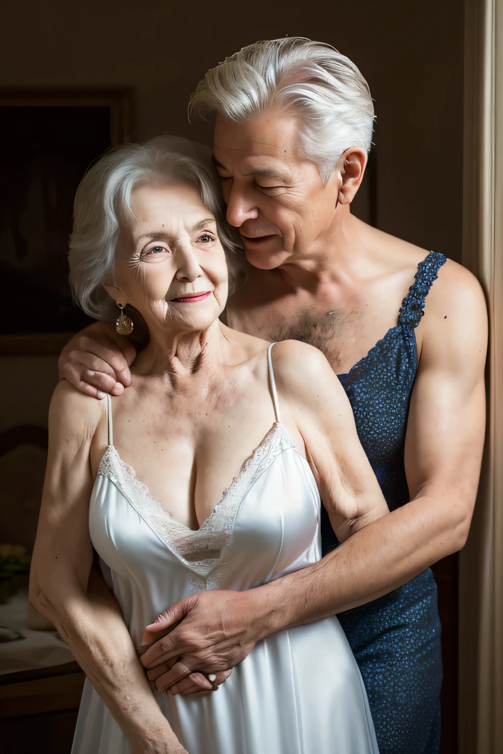 Sexy 65 years old busty woman hugging 30 years young man , sexual doggy style ,full body