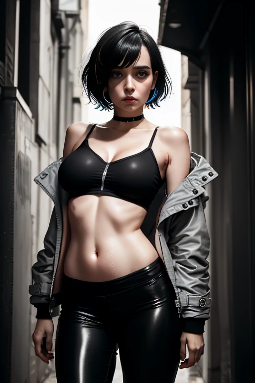 (best quality,Realistic:1.2), ultra-detalhado, Menina, vivid colors, fotorrealista, cabelo preto com pontas vermelhas, serious expression with expressive look
, Olhos azuis claros, cores muito vivas, corpo atletico