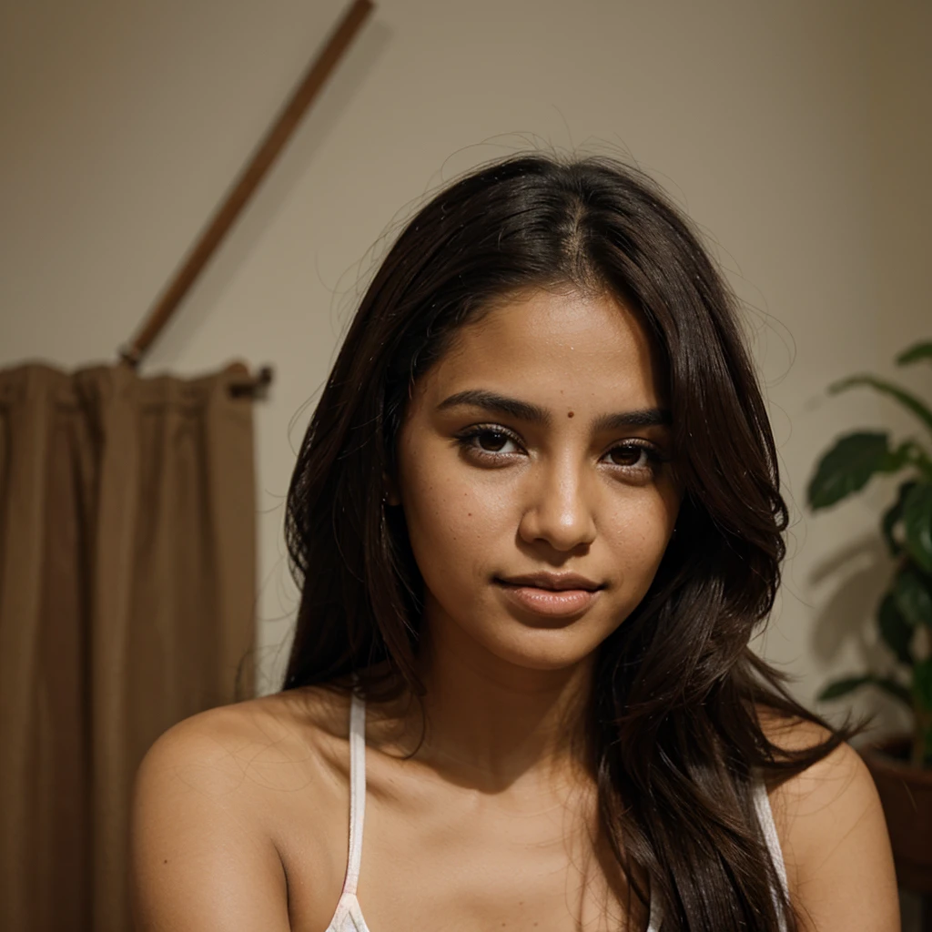 beautiful Indian, very young  girl, 16 year nude, showing her beautiful naked body,lean facecut, black extra long hair, sexy gaze,light bronze skin dark strokes, exact looks like , light bronze skin, smirking deviously, long eyelashes, deep dimples on cheeks, cute smile, innocent face, blushing , atmospheric perspective, Renaissance, 8k, super detail, accurate, best quality, high details, high quality, best quality, blushing expression, biting lips, wearing nothing, undressed, fully naked, puffy round nipples, shaved vagins, medium , ultra-wide shot, lying down straight, legs spread, intimately on her royal bed touching herself, in Royal looking bedroom, beautifully styled hair, spreading her legs
