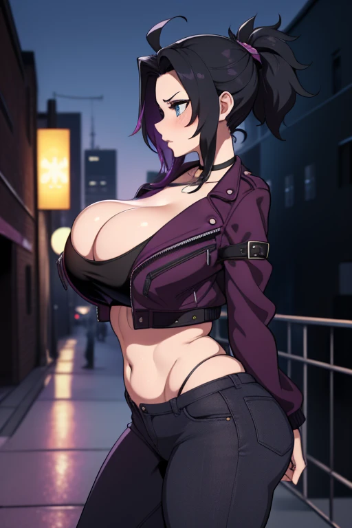 20 year old woman, busty, huge tits, round breasts, bubble butt, hourglass figure, skinny, blushing, scared expression, horny, seductive, black hair, short hair, ponytail hair, spiky hair, purple streaked hair, messy hair, wearing wearing tight white crop top, black jeans, purple cropped jacket, choker, high heels, tight fitting clothing, cleavage, middrift, anime, city at night, outside, punk, punk style, punk hair, doujin style, manga, flat colours, 2d manga, cowboy shot, purple colour scheme, indigo colour, action pose, heavy makeup, kissable lips, breasts squeezed between arms, 2d art, anime