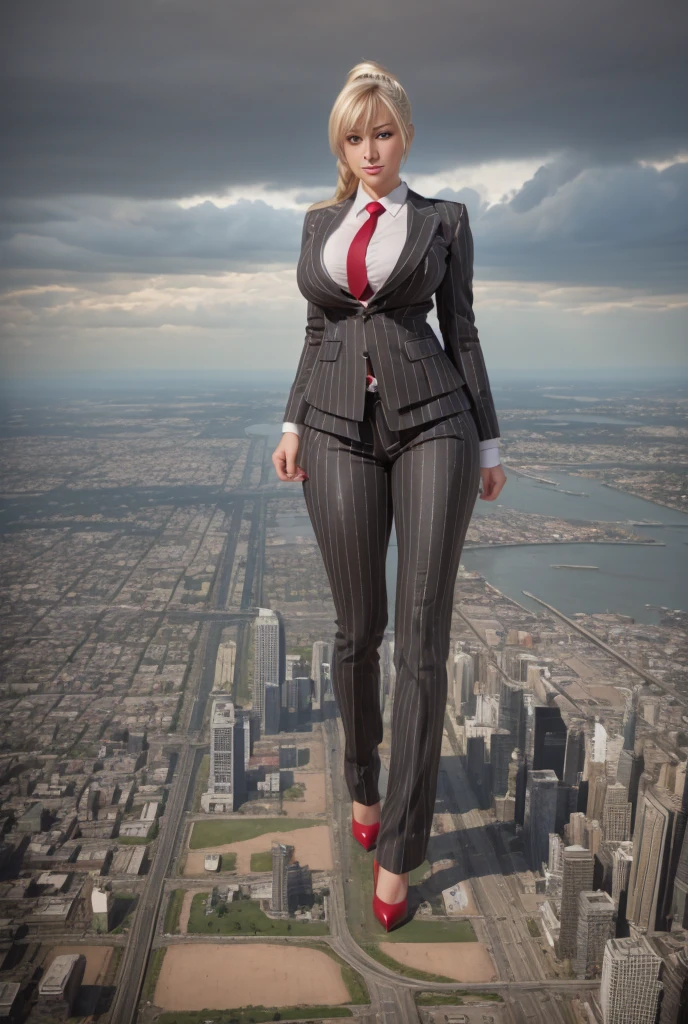 Young adult women beautiful curves a massive thighs blonde hair in a ponytail lipstick wearing a perfect perfect tailored grey pinstriped trouser suit and blazer, crisp white shirt and large broad red windsor knot tie,colossal breasts. Platform high heels , standing, giantess art, tie bar, highly detailed giantess shots, giantess, most detailed, perfect face, Two legs, Five fingers, short hair, A girl who is bigger than a skyscraper, standing on very small city new york, skyscarpers at their feet, skyscrapers small, smile, huge breasts, major metropolis, numerous cities, , A very small big city, Miniature metropolis, Full body description, GTS, giga giantess, gigagts, stomping city, crash city, tiny city, micro city, , High resolution, highest quality, masterpiece,  tiny destroyed skyscrapers city, illustration, skyscrapers size of small toys standing behind and very far away from city, (masterpiece, best quality, best shadows, best shading, perfect hands, perfect face, cinematic lighting, colorful, ultra-detailed, beautiful photography, character focus, extremely-detailed, photorealistic, hyper photorealism, atmospheric), ), (giantess, stereotypical office boss), (dirty, filthy, unwashed, sweaty, unkempt, happy, tired, exhausted, annoyed), ((walking, mid stride:1.2, stepping down on:1.2, stomping, crush, rampage)), (black patent Louboutin rounded toe pumps, high heels, platform heels), ((,)), ((long ponytail hair with front bangs)), (high altitude photography, satellite view), (curvy, , heaving bosom, legs), (mega city, urban sprawl, and small towns, buildings, roads), (((cloudy, overcast, clouds and atmosphere partly obscuring the subject:1.2, hazy atmosphere, haze in foreground, wispy clouds))) footprints warzone 