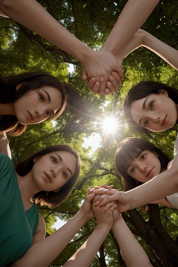 A group of people in a circle, holding hands in a green outdoor environment, sunlight filtering through trees creating a glowing effect, faces reflecting calmness and solidarity --ar 16:9 --v 6 --style 4a