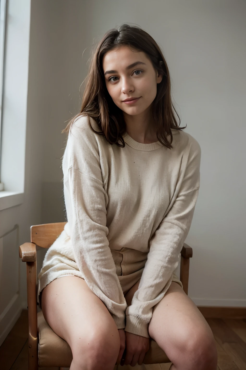 woman sitting on a cozy couch, crossing legs, soft light