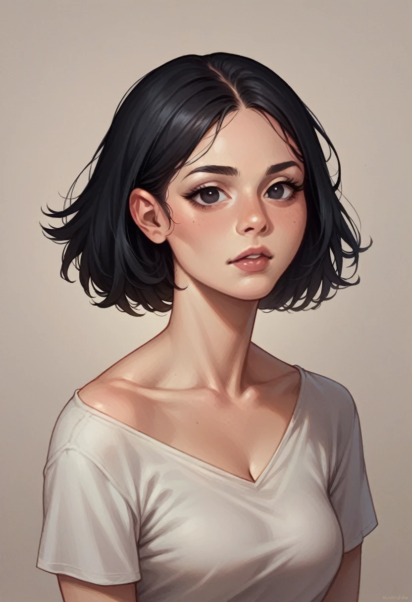 <lora:avasdemon3:1>,
avasdemon,
solo, 1girl, masterpiece, best quality, black hair, (white camisole), brown eyes, bob cut, blunt bangs, brown eyes, blush, black hair, steaming, (freckles:0.8), collarbone, exposed shoulders, small breasts, empty background, white background, :o, confused, (?)