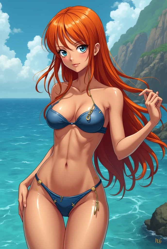 woman in her 20s, (perfect face), defined jawline, beautiful blue eyes, beautiful lips, (long red flowing wavy hair), (perfect anatomy), (athletic body), (sexy)(small breasts), (thick thighs), (perfect hands), (bikini with blue stripes), (straw hat), looking at viewer, (POV from below), (medium full shot photograph), (tropical beach background), realistic