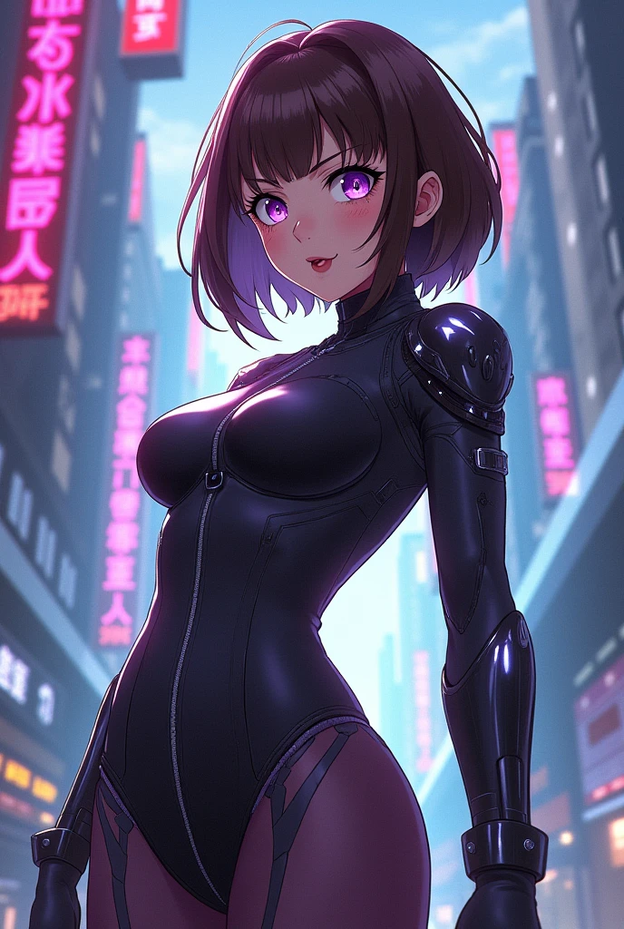nina bodysuit, 1girl, black bodysuit, low ponytail, latex, large breasts, solo, detailed face, looking at viewer, cowboy shot, upper body, city, cyberpunk, mechanical, night, dark, light rays, (masterpiece:1.2, best quality)