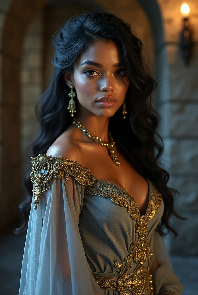((A beautiful young black girl)), young african queen with a discrete smile and lovely gaze, majestic:1.3, sitting on a bench surrounded statues, digital art, directed by Daniil Suponitskiy, jpegman, (best quality,4k,8k,highres,masterpiece:1.2),ultra-detailed,(realistic,photorealistic,photo-realistic:1.37),HDR,UHD,studio lighting,ultra-fine painting,sharp focus,physically-based rendering,extreme detail description,professional,vivid colors,bokeh