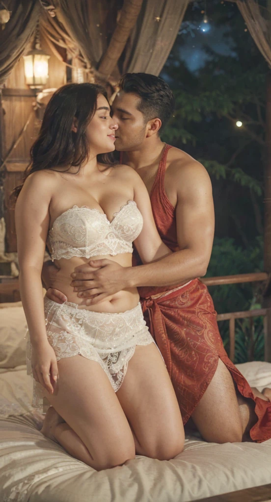 plus size aishwarya rai, sits in sofa large breasts, chubby cheeks, seductive face, wearing transparent bra, cleavage show,big waist, looking at camera and smile, black ponytail hair, Sitting close to a handsome man,(blue eyes:0.8), cute adult face, 40 yo, soft volumetric lights, (backlit:1.3), (cinematic:1.3),